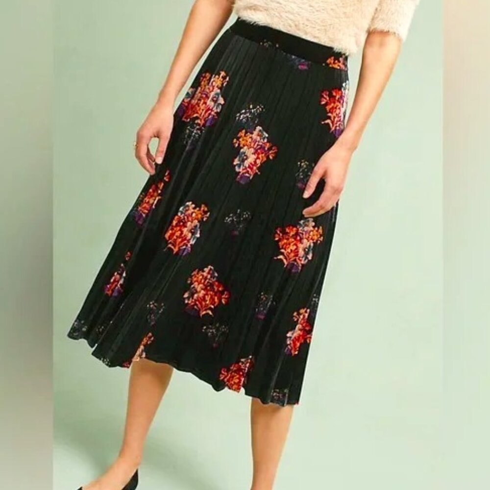 NWT ANTHROPOLOGIE MAEVE Pleated Floral Velvet Skirt, Sz XS